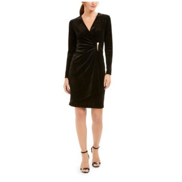 Calvin Klein Faux Wrap Deep V Dress Black Stretch Long Sleeves Sz 6 Gold Brooch‎ - Picture 1 of 9